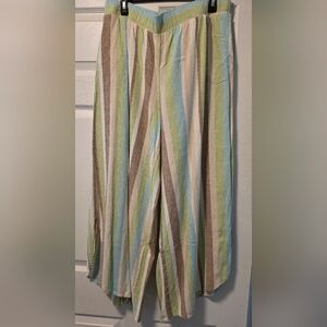 Striped Pastel Linen Blend Pants - Pastel Blue Green Taupe
